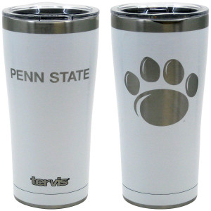 white 20 oz stainless steel tumbler with Penn State on one side, paw print on the other